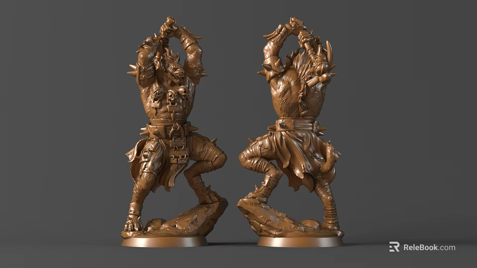 Double Detailed Carved Warrior Sculptures With Intricate Armor And Metal Bases 3d model 