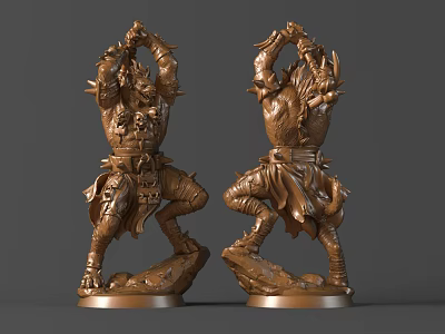 Double Detailed Carved Warrior Sculptures With Intricate Armor And Metal Bases 3d model