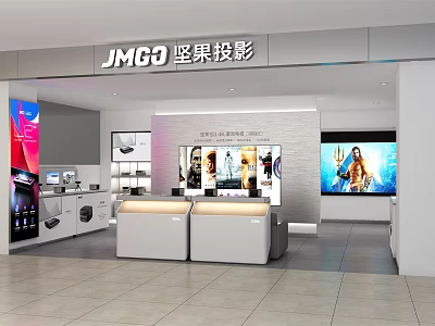 JMGO Projector Specialty Store with Display Counters And Large Screens Modern Interior And Product Showcases 3d model