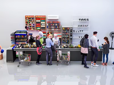 Modern Container Supermarket Store Cash Register Supermarket Equipment Items Cigarette Shopping Cart Cash Register Shelf Convenience Store Characters Goods 3d model