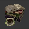Stack of Vintage Books with Open Pages and Coffee Cup on Green Saucer