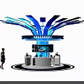 Modern Exhibition Island With Blue Radial Ceiling Digital Display And White Platform