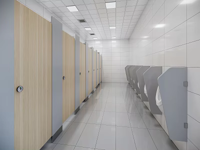 Clean Bright Public Restroom With Wooden Stall Doors White Tiles And Urinals 3d model