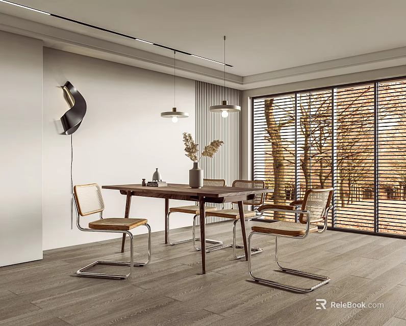Modern Minimalist Restaurant Interior With Dining Table Chairs Decorative Lights Large Windows And Trees 3d model 