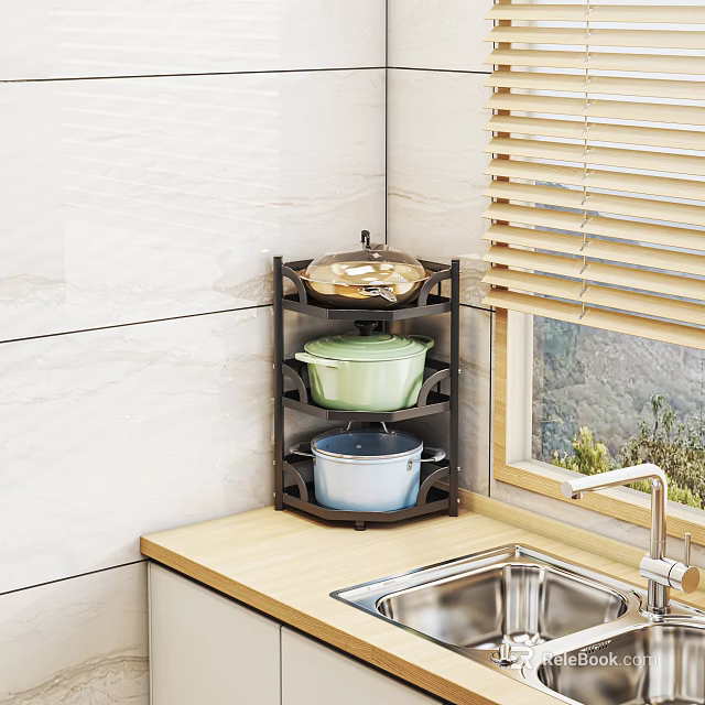 Practical Bathroom Cabinet Rack in Kitchen Corner White Tile Wall Window Blind Sink and Cookware 3d model