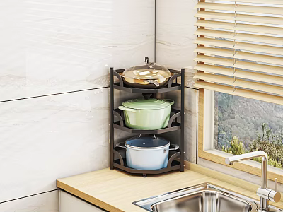 Practical Bathroom Cabinet Rack in Kitchen Corner White Tile Wall Window Blind Sink and Cookware 3d model
