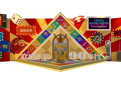 90s Themed Retro Gaming Entertainment Setup With Pyramid Structure And Neon Signs 3d model