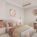 Modern Bedroom Interior With Bed Desk Chair Shelf Large Window Soft Rug And Decorative Painting