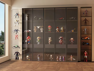 Modern Glass Door Display Cabinet with Action Figures Model Cars and Toys Collection 3d model