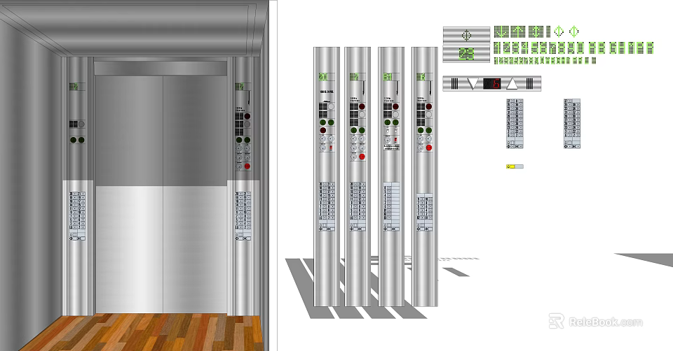 Elevator Door And Control Panels With Silver Finish And Multiple Buttons 3d model 