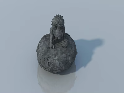 Grey Stone Lion Statue Crouching On Round Stone Ball With Grey Background Reflection 3d model