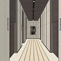 Modern Elevator Hallway Interior Design With Wooden Floor And Metal Doors