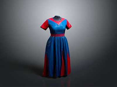 Blue And Red Long Dress With Short Sleeves And Red Belt For Daily Use 3d model