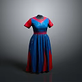 Blue And Red Long Dress With Short Sleeves And Red Belt For Daily Use