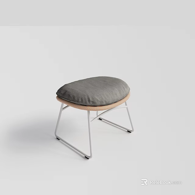 Modern Minimalist Ottoman With Gray Fabric Cushion Woven Detail And Metal Legs 3d model 