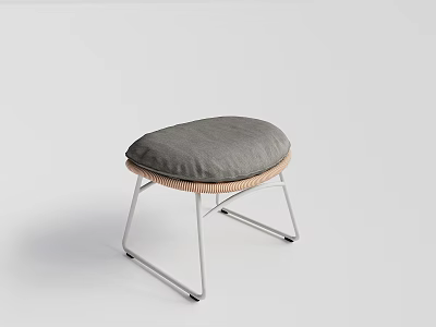 Modern Minimalist Ottoman With Gray Fabric Cushion Woven Detail And Metal Legs 3d model