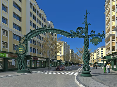 Ornate Green Archway Commercial Street With Yellow White Buildings Shops Pedestrians And Cars 3d model