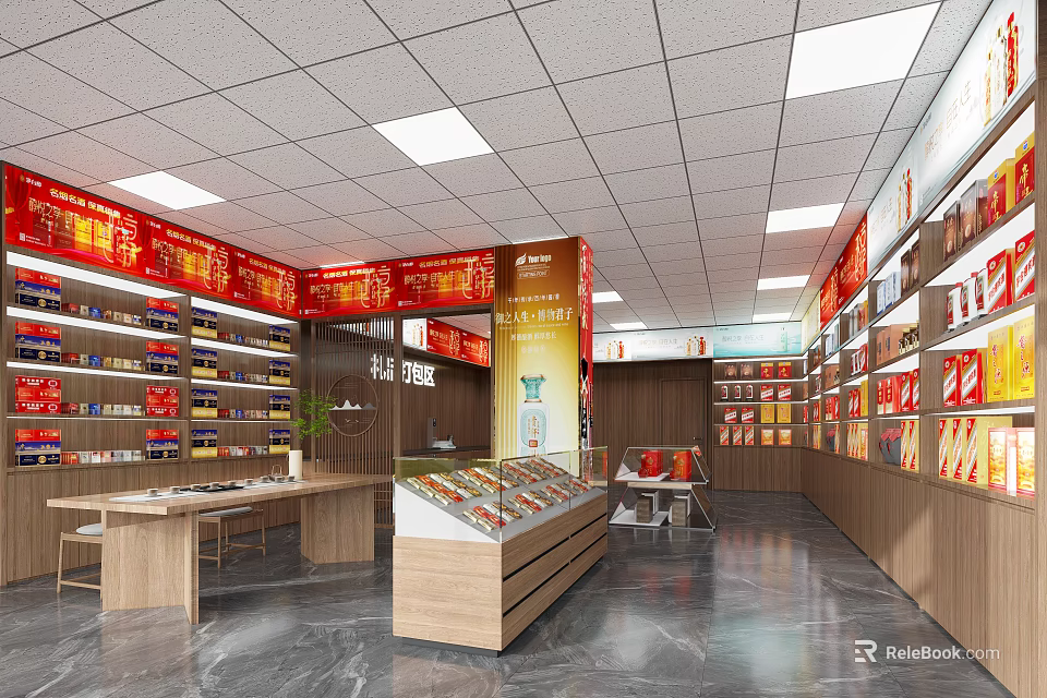 Tobacco and Alcohol Store Interior Featuring Shelves Products Wooden Counter Glass Display Case And Bright Lighting 3d model 