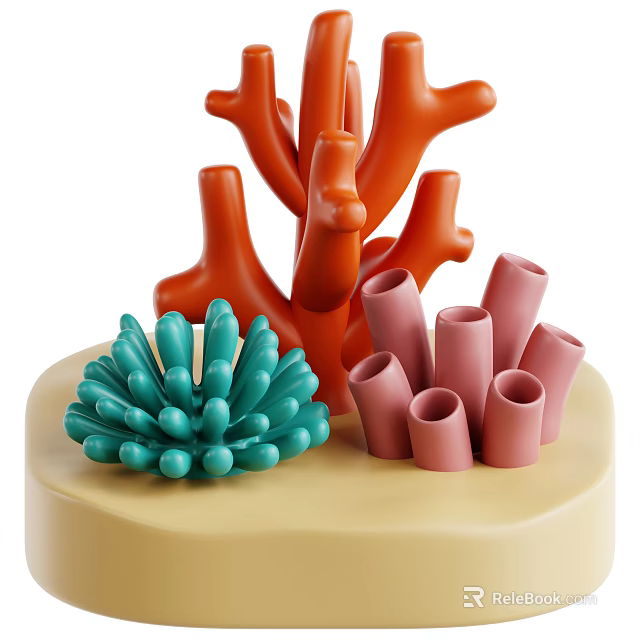 Green Seagrass Plants With Vibrant Orange Pink Tube Coral And Yellow Base 3d model 