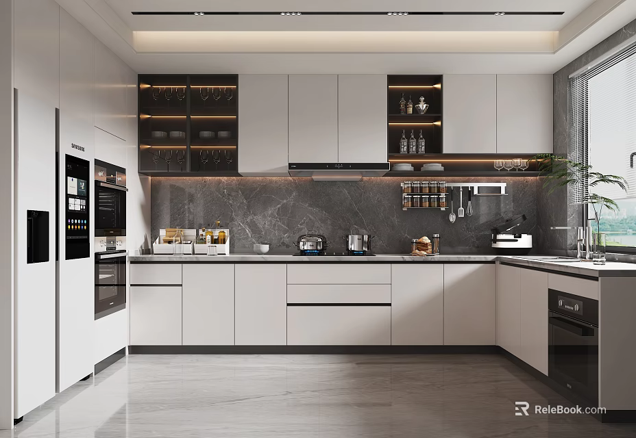Modern Kitchen Interior With White Cabinets Gray Marble Countertops Built In Appliances Glass Front Cabinets 3d model 