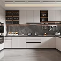 Modern Kitchen Interior With White Cabinets Gray Marble Countertops Built In Appliances Glass Front Cabinets