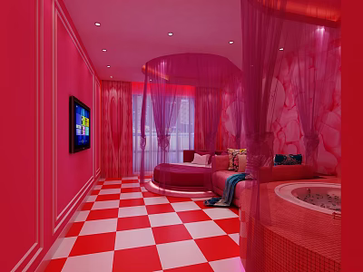 Romantic Pink Hotel Room With Round Bed Canopy TV Bathtub And Red White Checkered Floor 3d model