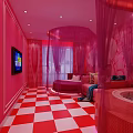 Romantic Pink Hotel Room With Round Bed Canopy TV Bathtub And Red White Checkered Floor