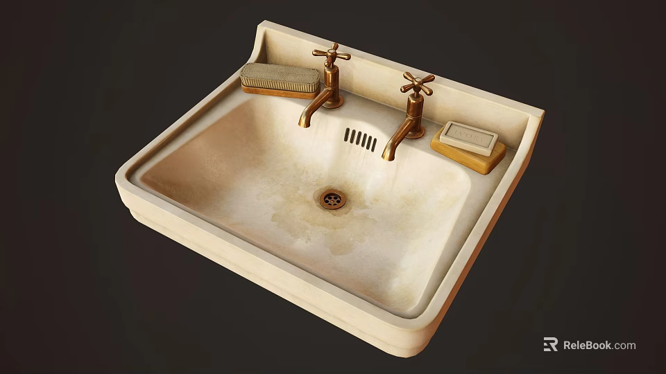 White Square Ceramic Washbasin with Two Brass Faucets Brush and Soap 3d model 