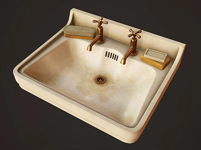 White Square Ceramic Washbasin with Two Brass Faucets Brush and Soap 3d model