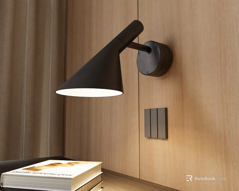 Modern Black Wall Lamp On Wooden Wall With Switch Panel And Books 3d model 