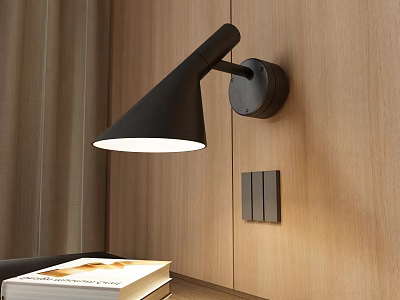 Modern Black Wall Lamp On Wooden Wall With Switch Panel And Books 3d model