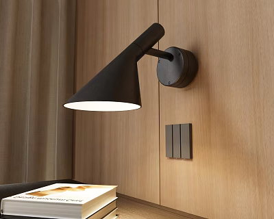 Modern Black Wall Lamp On Wooden Wall With Switch Panel And Books 3d model
