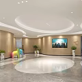 Modern Lobby Reception Area With Circular Ceiling Design Wooden Walls TV Screen And Polished Floor