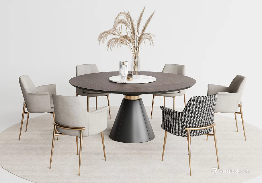 Round Dining Table Set with Light Gray Checkered Chairs Gold Legs Conical Black Base 3d model