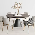 Round Dining Table Set with Light Gray Checkered Chairs Gold Legs Conical Black Base 3d model