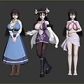 Three Anime Female Characters With Mythical Creature Horns In Blue Purple Pink Costumes