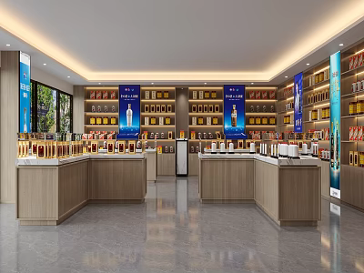 Tobacco and Alcohol Store Interior With Shelves Displaying Liquor and Tobacco Products and Wooden Counters 3d model