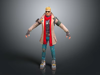 3D Character Model With Blonde Hair Sunglasses Beige Long Coat Red Scarf And Blue Pants 3d model