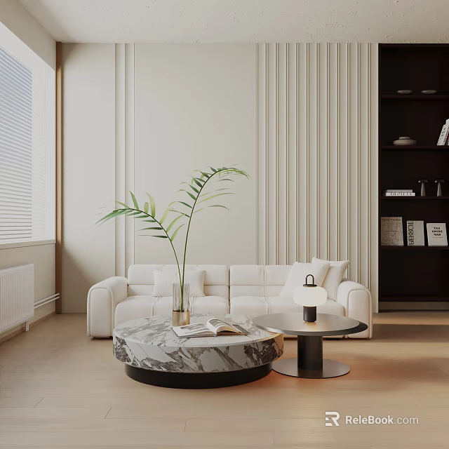White Three-Seater Sofa With Marble Coffee Table Side Table Lamp Green Plant And Textured Walls 3d model 