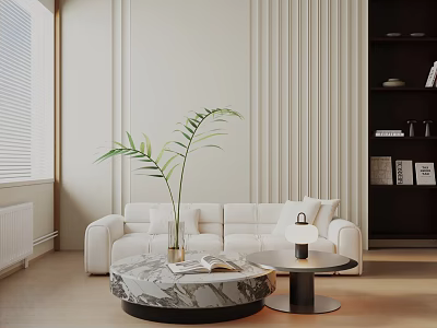 White Three-Seater Sofa With Marble Coffee Table Side Table Lamp Green Plant And Textured Walls 3d model