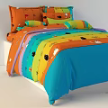 Colorful Double Bed With Vibrant Multi Colored Bedding Sheet Set And Pillowcases 3d model
