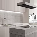 Modern Kitchen Interior With Wooden Cabinets Island Counter Tile Backsplash And Range Hood