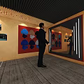 Exhibition Space Interior With Fitting Room Wall Displays Mirrors And Visitor Standing
