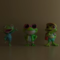 Colorful Cartoon Frog Sculptures with Playful Poses Sunglasses and Backpack Design Features