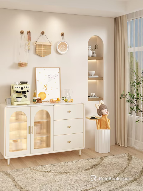 Minimalist White Console Side Cabinet With Glass Doors Drawers And Decorative Ornaments 3d model 