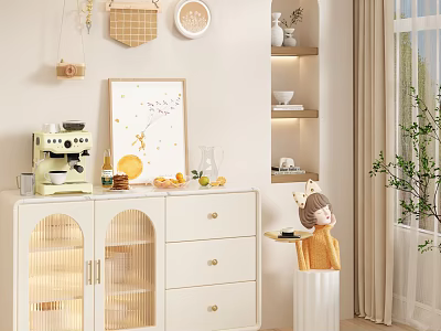 Minimalist White Console Side Cabinet With Glass Doors Drawers And Decorative Ornaments 3d model