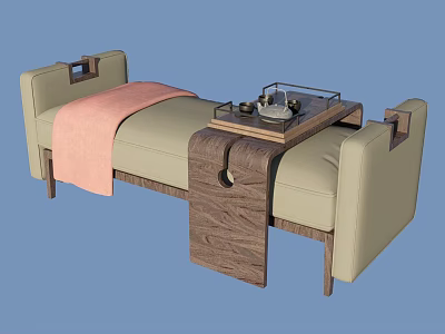 Chinese Style Daybed With Beige Cushion Pink Blanket And Wooden Tea Table With Tea Set 3d model