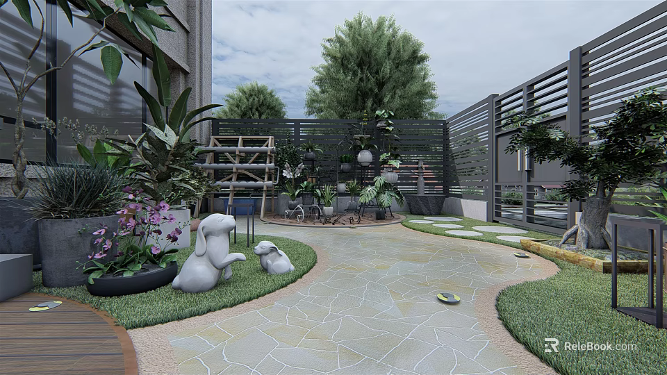 Courtyard Garden Featuring Two White Rabbit Sculptures Green Plants Wooden Shelf and Outdoor Table Chairs 3d model 