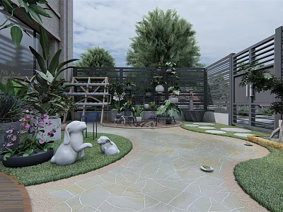 Courtyard Garden Featuring Two White Rabbit Sculptures Green Plants Wooden Shelf and Outdoor Table Chairs 3d model