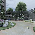 Courtyard Garden Featuring Two White Rabbit Sculptures Green Plants Wooden Shelf and Outdoor Table Chairs